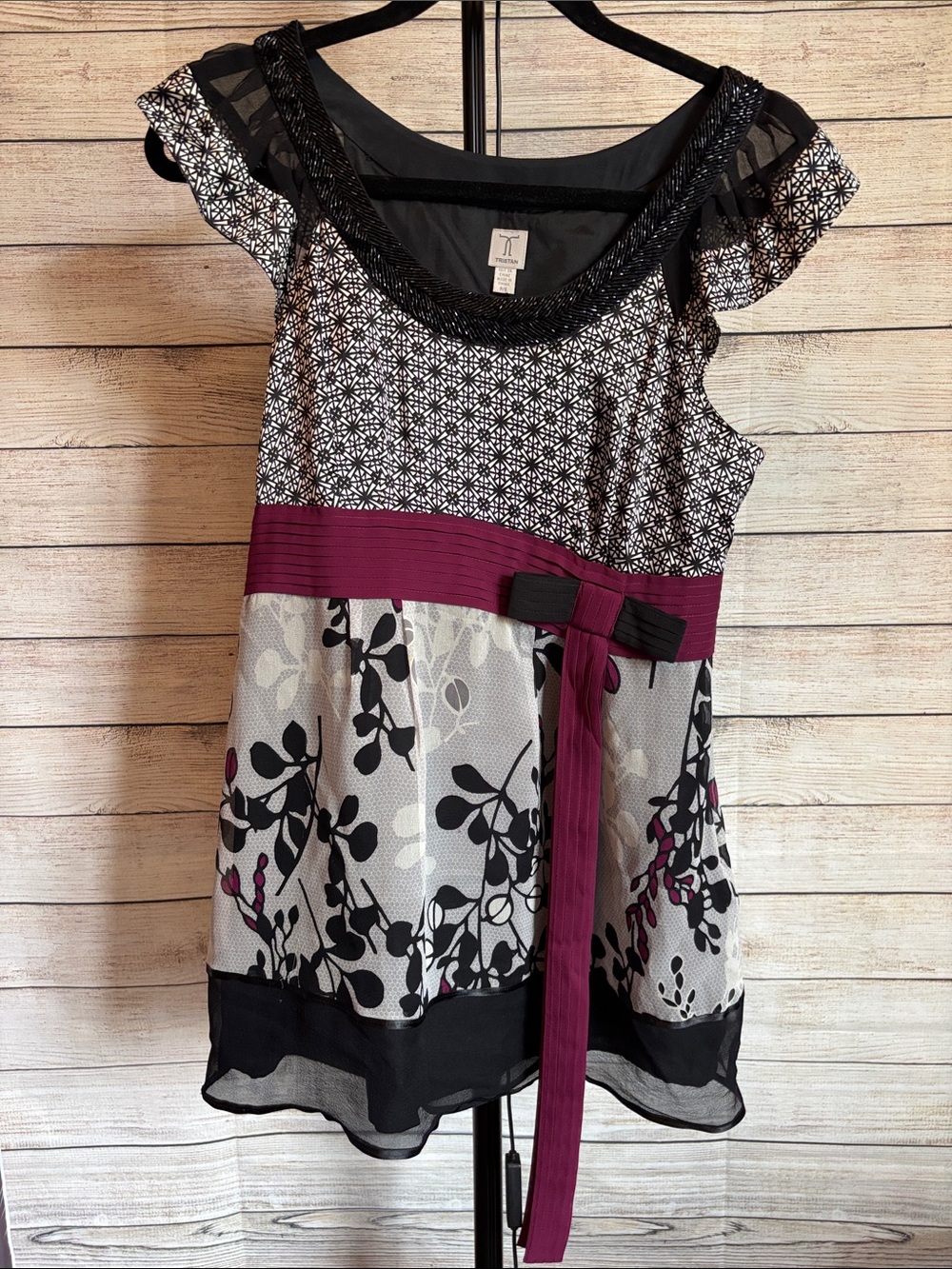 Tristan Black and Berry Floral Overlay Party top with beaded neckline